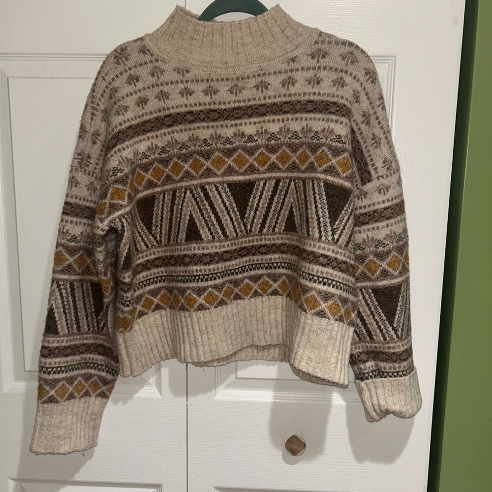 Marled Cream and Brown Cowl Neck Sweater with Nordic Pattern